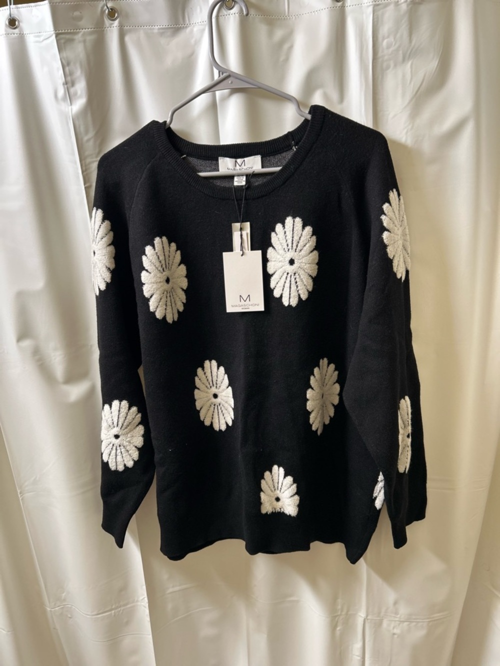 Magaschoni Black Sweater with Cream Daisy Motif